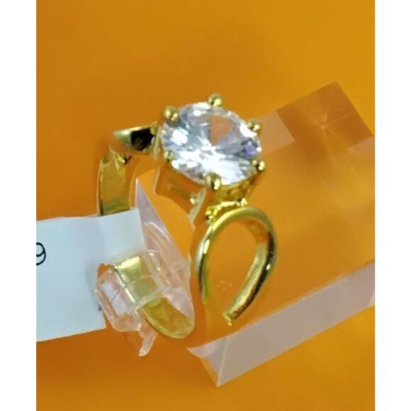 1990s Gold Plated 3.25 CT Size 9 Solitaire Engagement Cocktail Sim Diamond Ring - Picture 5 of 10